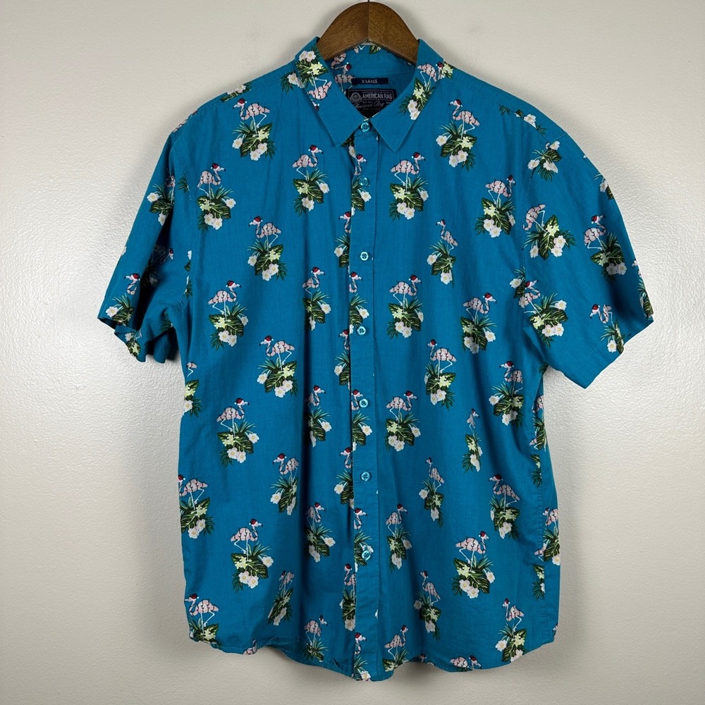 American Rag Men's XL Button Up Shirt Teal Blue Christmas Flamingo Print